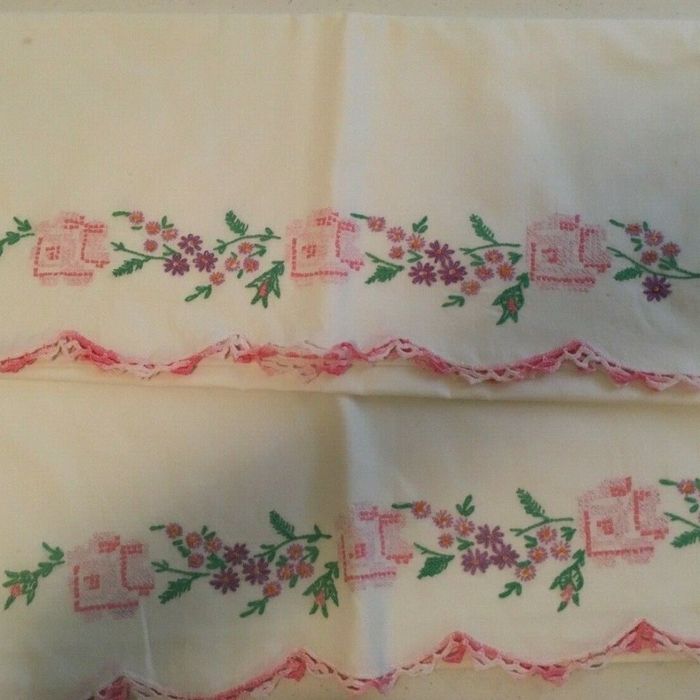 Vintage Pair Embroidered CROCHETED PILLOWCASES